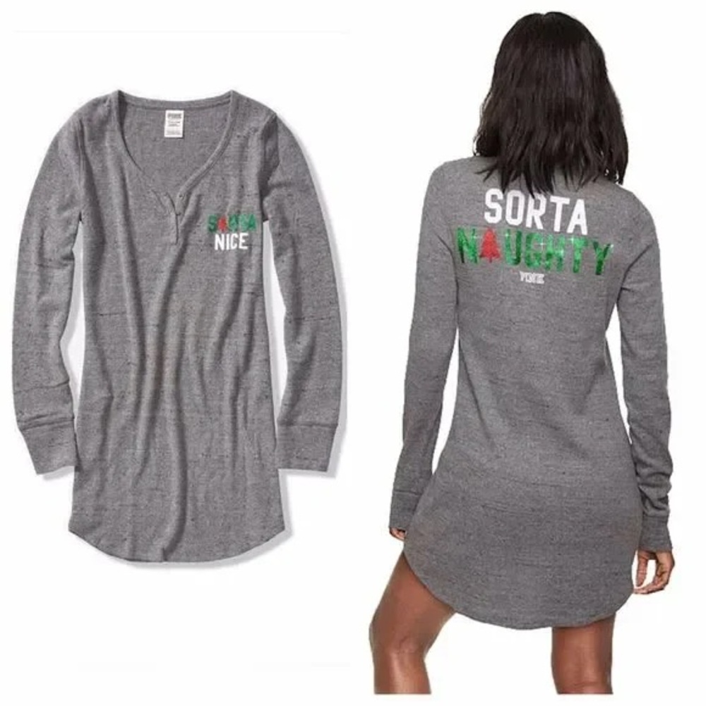 Victoria’s Secret Pink Christmas Sleep Dress Sorta Nice Naughty Gray Red Green